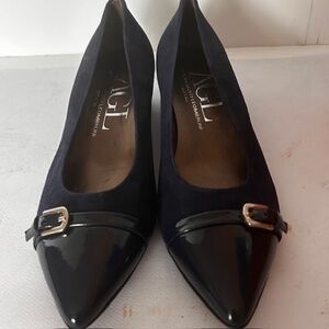 AGL  Navy Suede and Patent Pumps, Block Heels, NIB